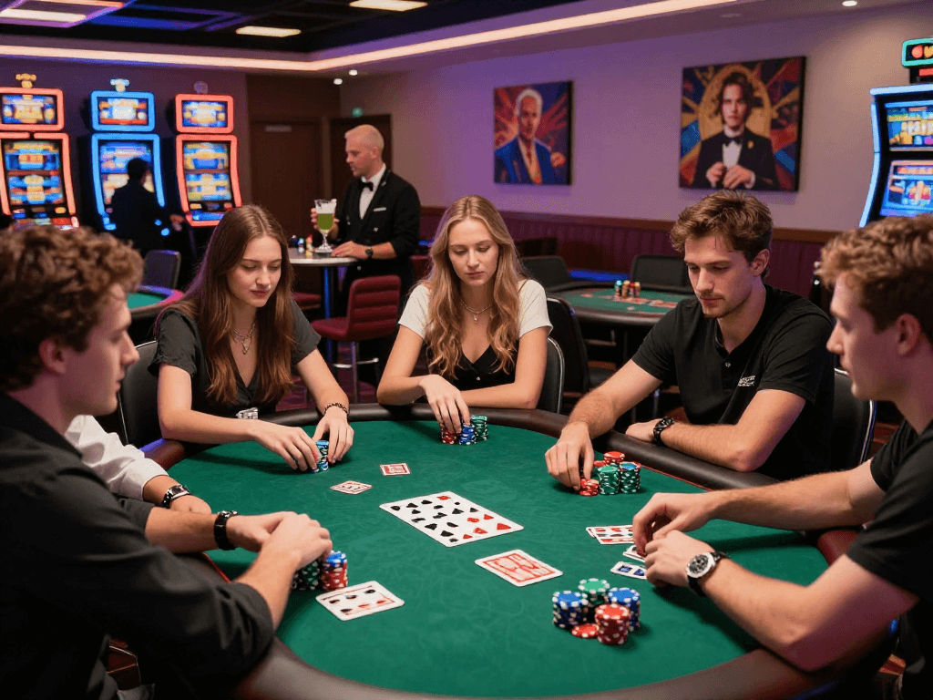 KOMBET168 poker scene with friends at bustling casino table.