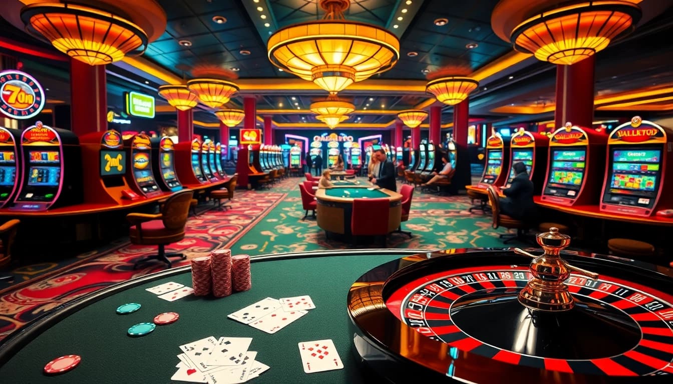 Engaging casino scene showcasing 7m-themed tables and vibrant slot machines for thrilling gameplay.