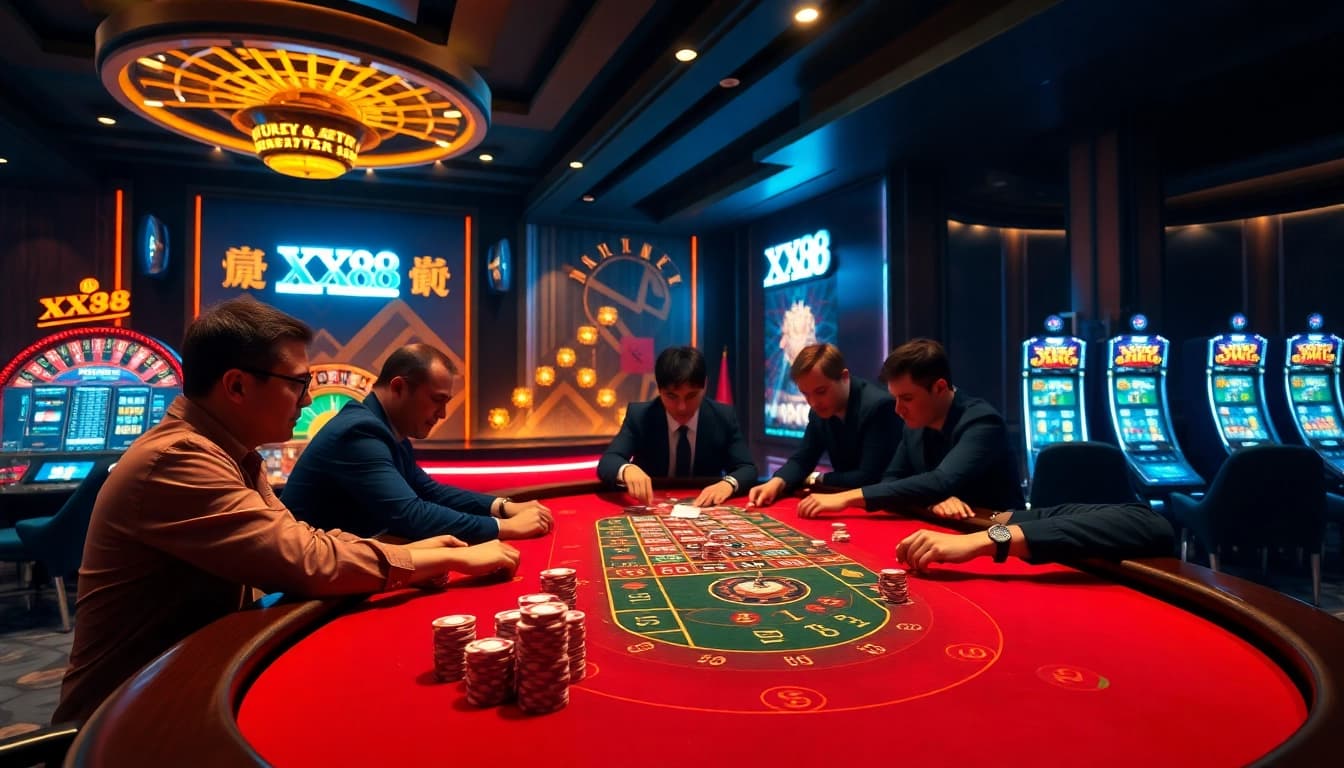 High-stakes baccarat at XX88 online casino, vibrant atmosphere with colorful chips.