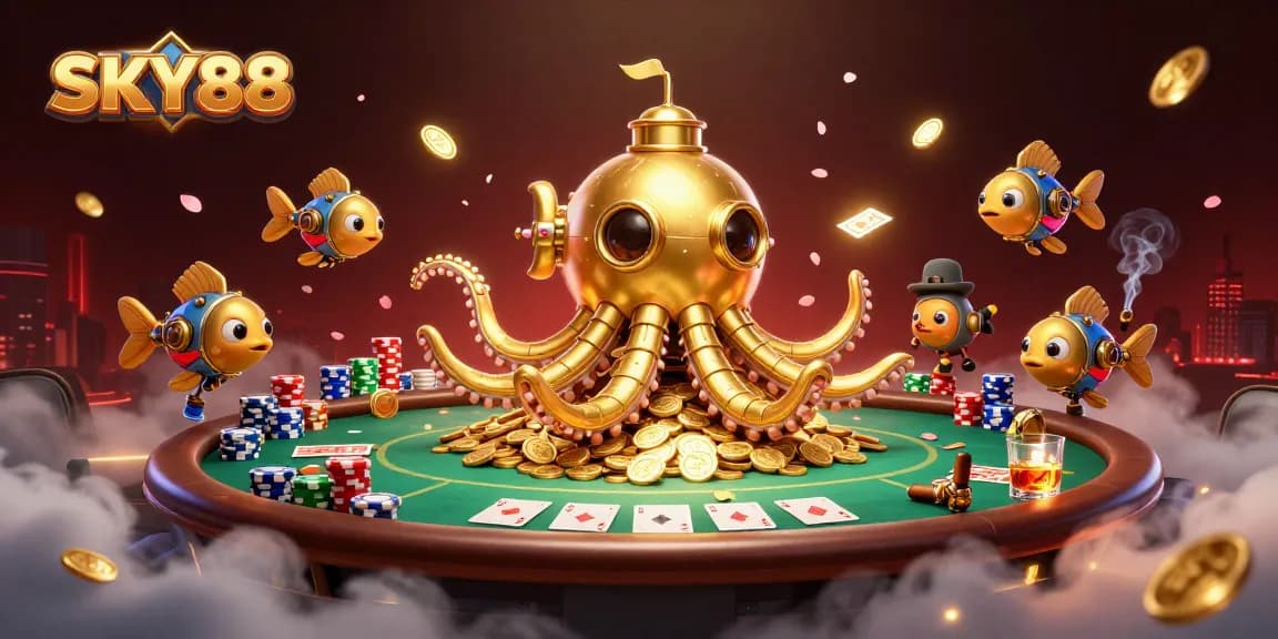 Experience thrilling gameplay at SKY88 with a vibrant 3D kraken submarine amidst a sea of golden coins.