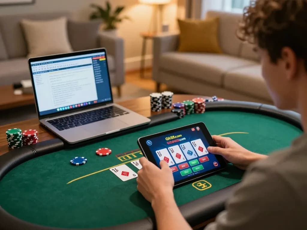 Engaging online gaming with GK88 com on tablet, showcasing poker interface and strategic notes.