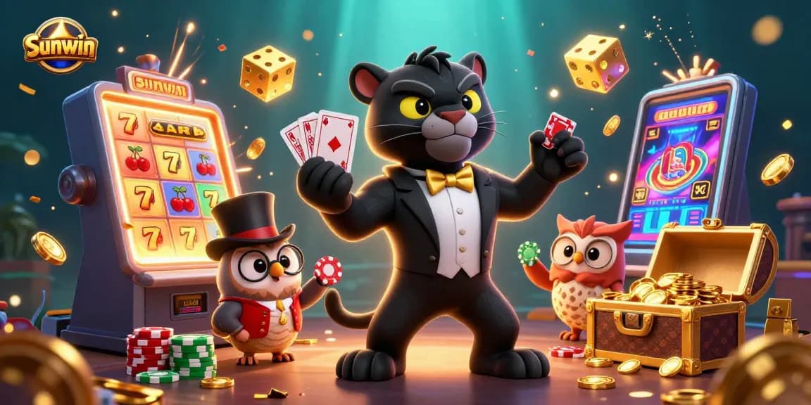 Experience the thrill of Sunwin with a stylish panther dealer, owl with poker chips, and a lucky mouse in a vibrant casino scene.