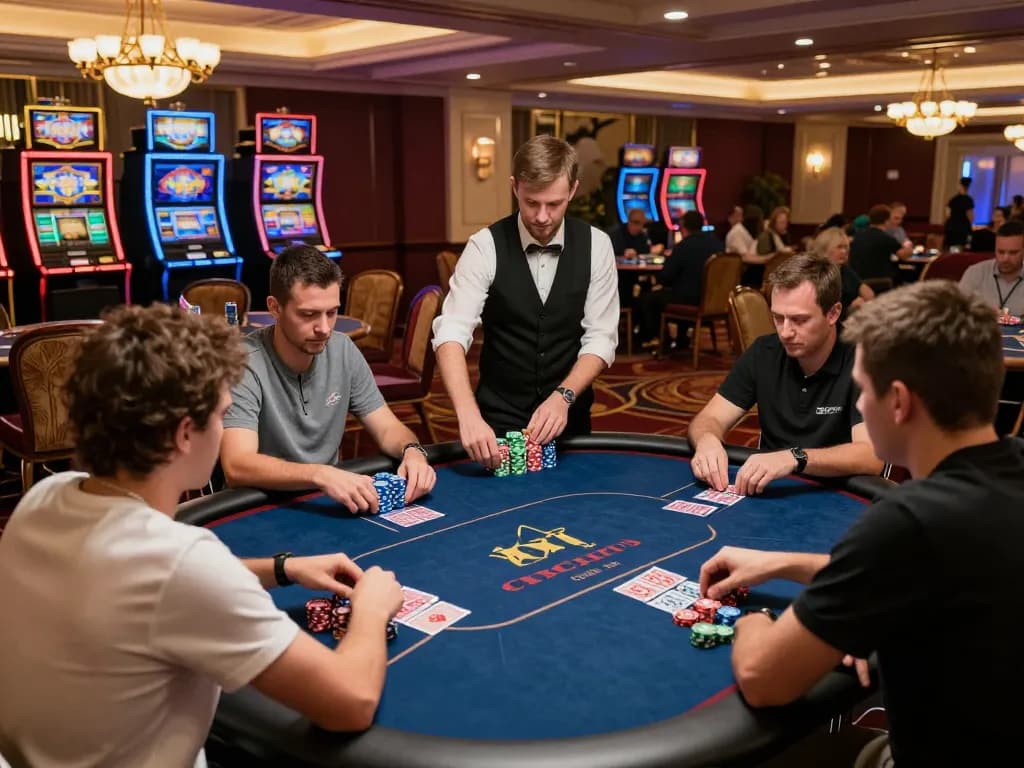 Players at BL555 poker tournament engaged in intense game play, showcasing excitement and strategy in luxury casino