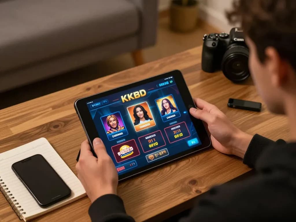 Engaging with the KKBD casino app in a cozy home setup, showcasing responsible online gaming.