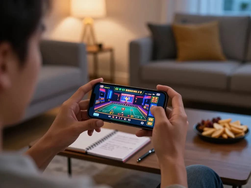 Player engaging in mobile gaming at home with go89 app displaying live casino game, capturing excitement and strategy.