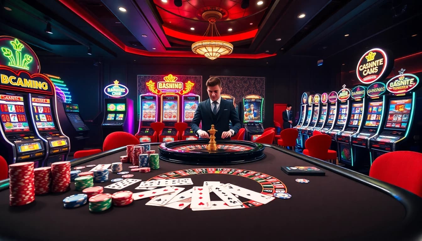 Experience thrilling gameplay at https://winvn.wiki with vibrant casino elements like poker chips and roulette.