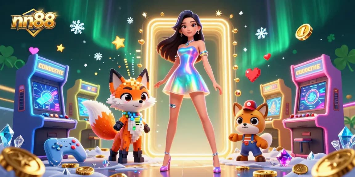 Engage with nn88 and experience thrilling gaming, featuring a stunning visual of a futuristic woman and pixelated fox in a casino.