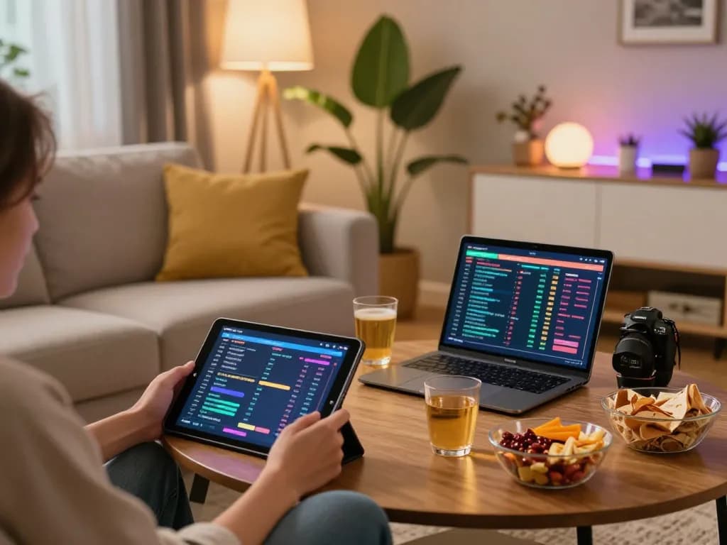 Engaged player using ko66 bet app on tablet in a cozy home setting with snacks and warm lighting.