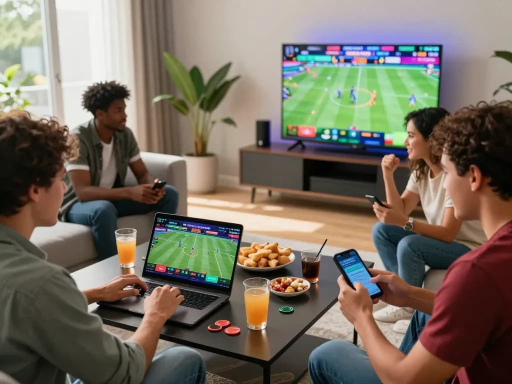 Friends engaging with rikbet online betting platform in a vibrant living room