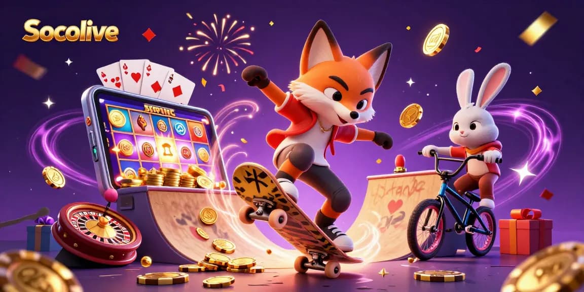 Socolive offers vibrant 3D cartoon sports betting action, featuring a fox and rabbit in a dynamic gambling scene.