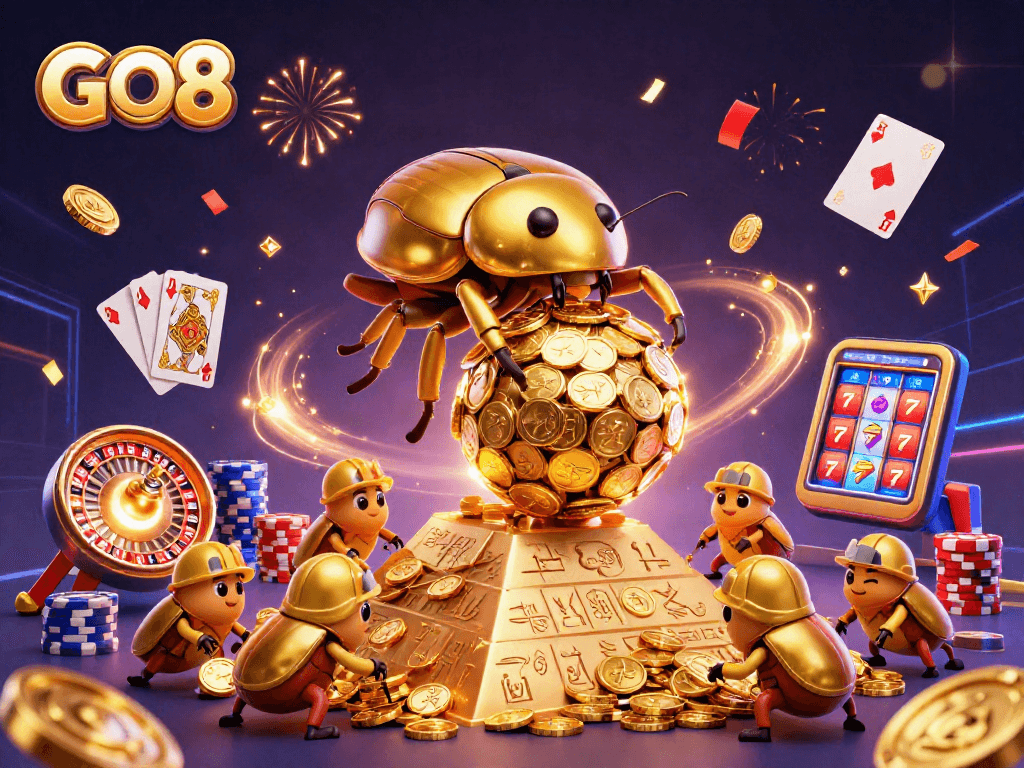 Experience the thrilling GO8 casino adventure in this vibrant scene of golden beetles winning big.