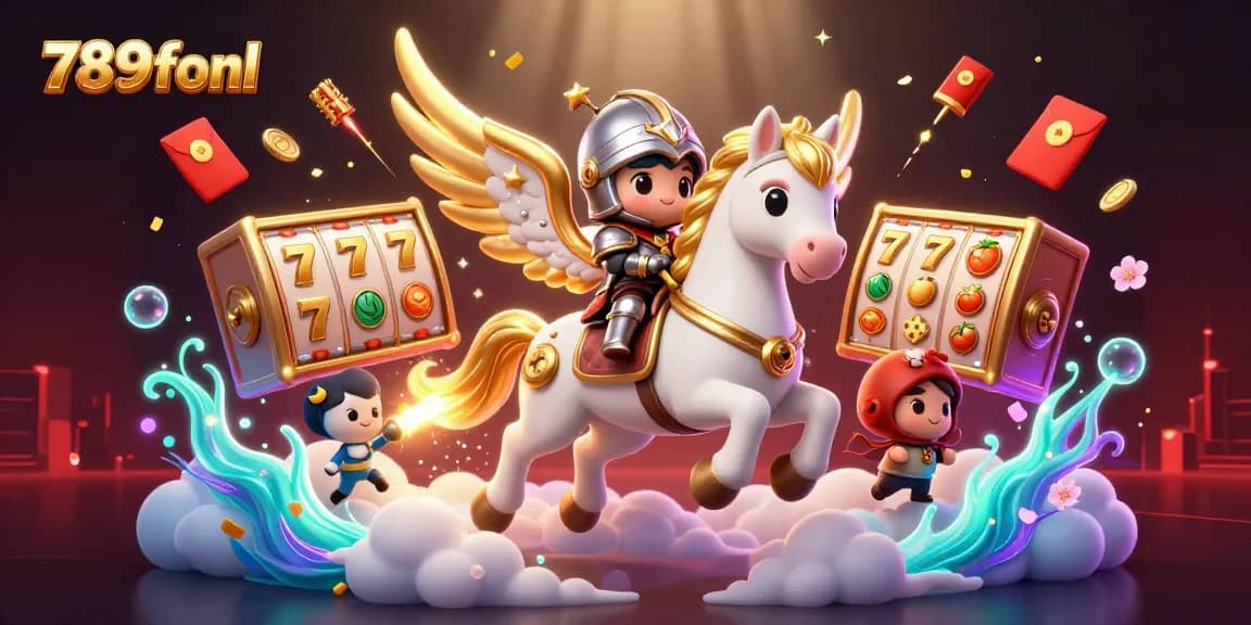 Engage with 789fonl at the dynamic casino scene featuring a powerful horse and knight amidst slots and lucky tokens.