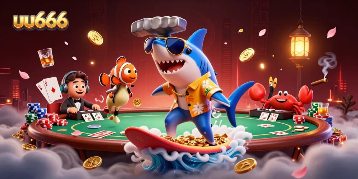 Experience thrilling wins at uu666 with a shark, clownfish, and crab DJ amid gold coins and poker chips.