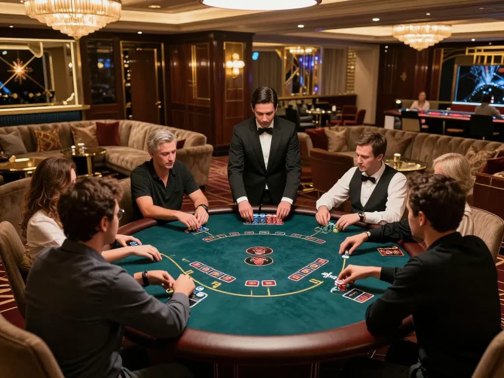 Engaging poker game scene at hit club VIP area with players in action and luxurious ambiance