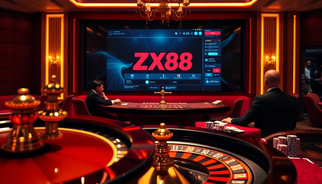 Exciting casino action at https://zx88.live/ featuring a lively poker table and roulette wheel.
