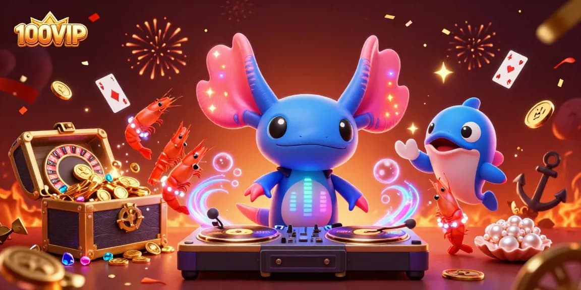 Experience the vibrant gaming at 100VIP, showcasing a lively underwater casino scene with unique characters.