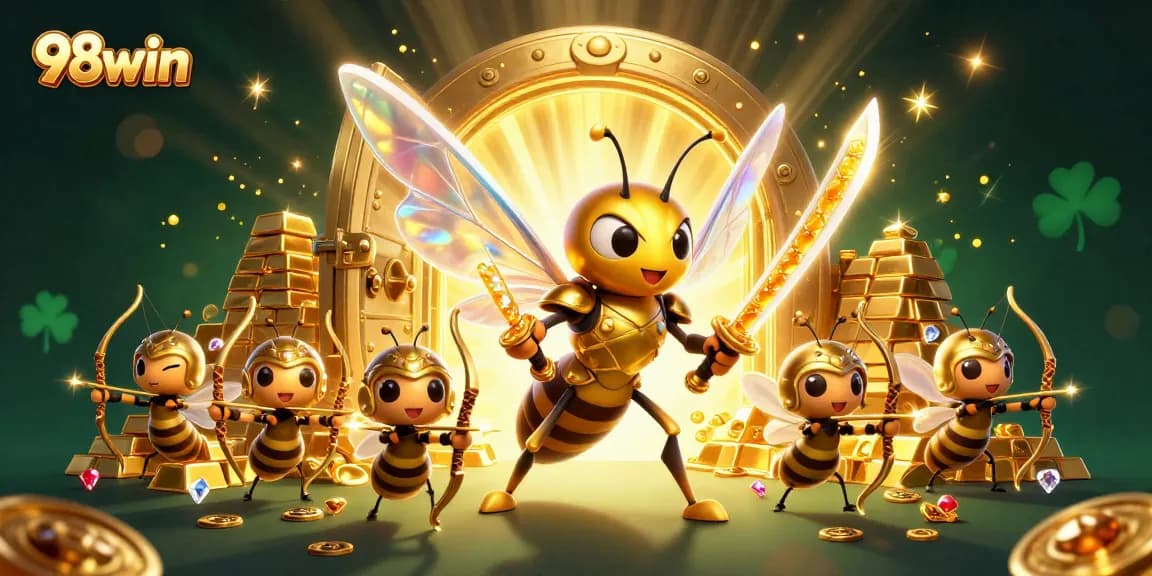 Bet on 98win with an engaging golden hornet samurai and treasure-filled casino scene.