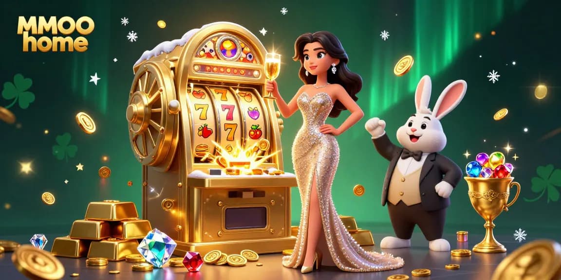 Celebrate big wins at MMOO home with a radiant woman toasting beside a golden jackpot slot machine.