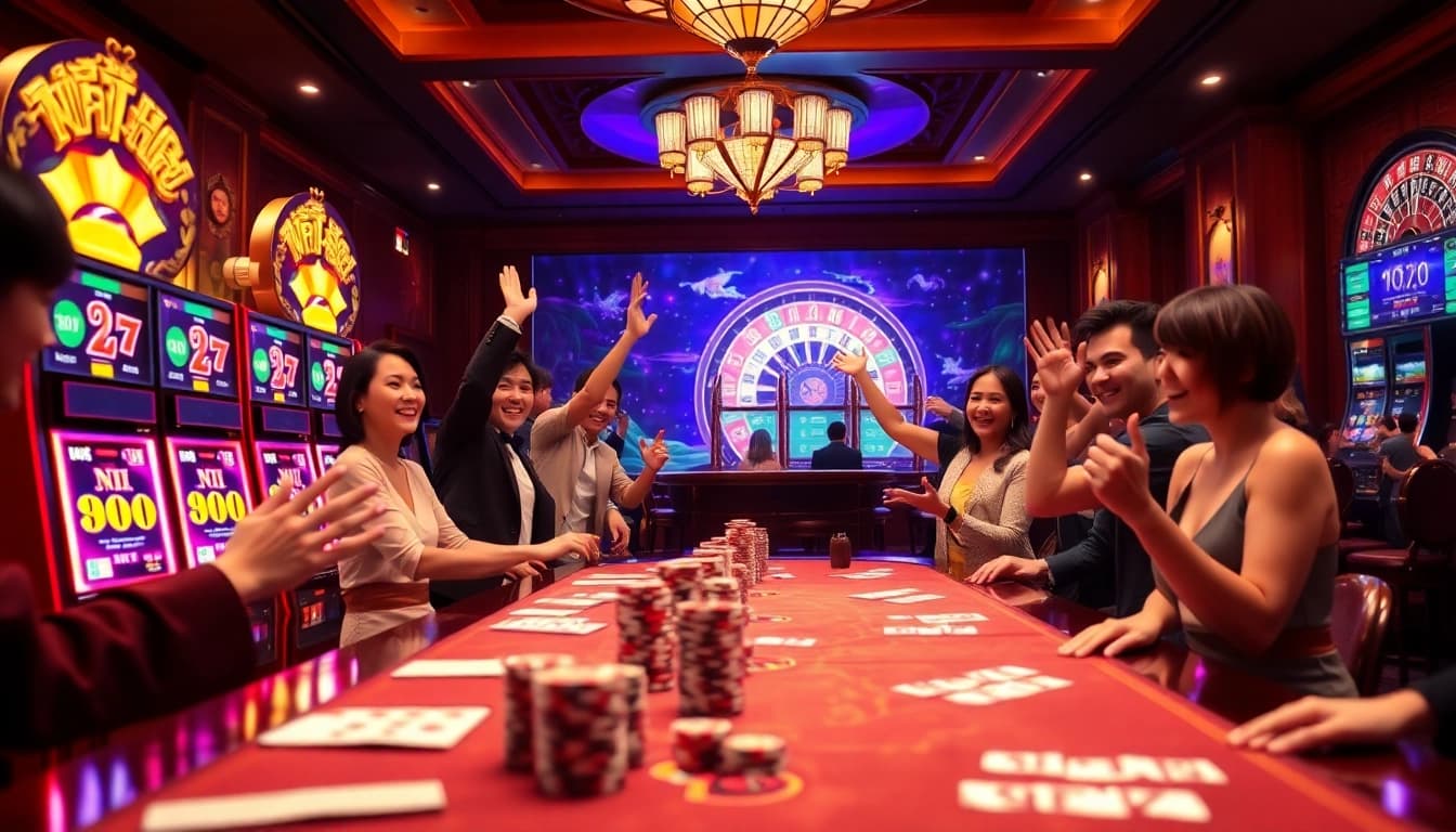 Players celebrating a win at vibrant nổ hũ slot machines in a luxurious casino setting.