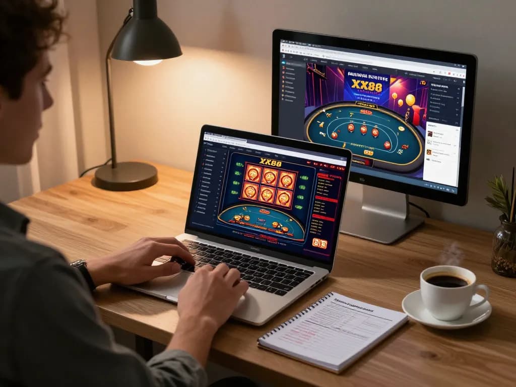Engaged player navigating XX88 online casino games on laptop in a cozy home office.