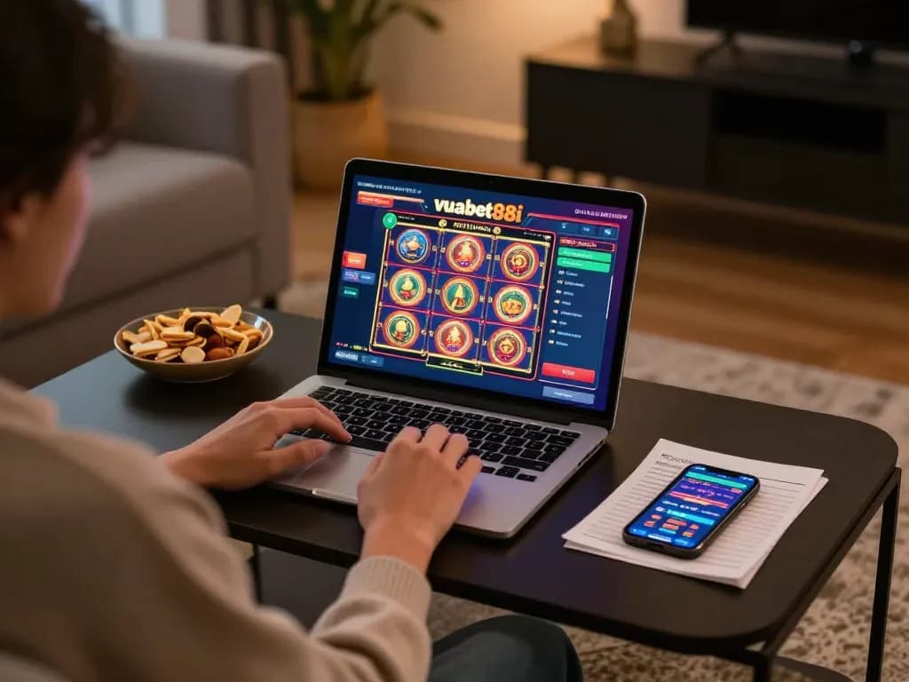 Player enjoying a slot game experience on vuabet88i's online casino interface at home.