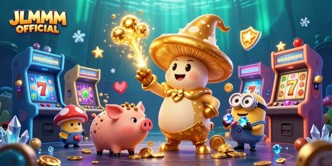 Experience the magic of casino gaming with JLMMM OFFICIAL showcasing golden wizard and treasure.