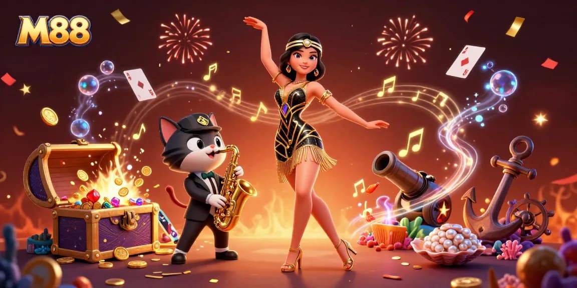M88 immerses players in an extraordinary gaming experience with vibrant characters, casino elements, and sparkling treasures.