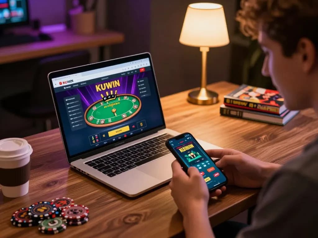Playing online poker on KUWIN app, showcasing engaging gameplay and modern gaming setup.