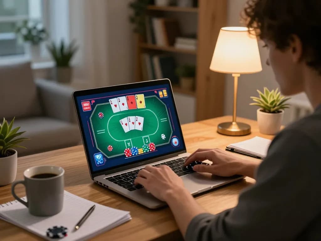 Engaging online poker gameplay on laptop at home, showcasing soibetzz user experience with strategy notes.
