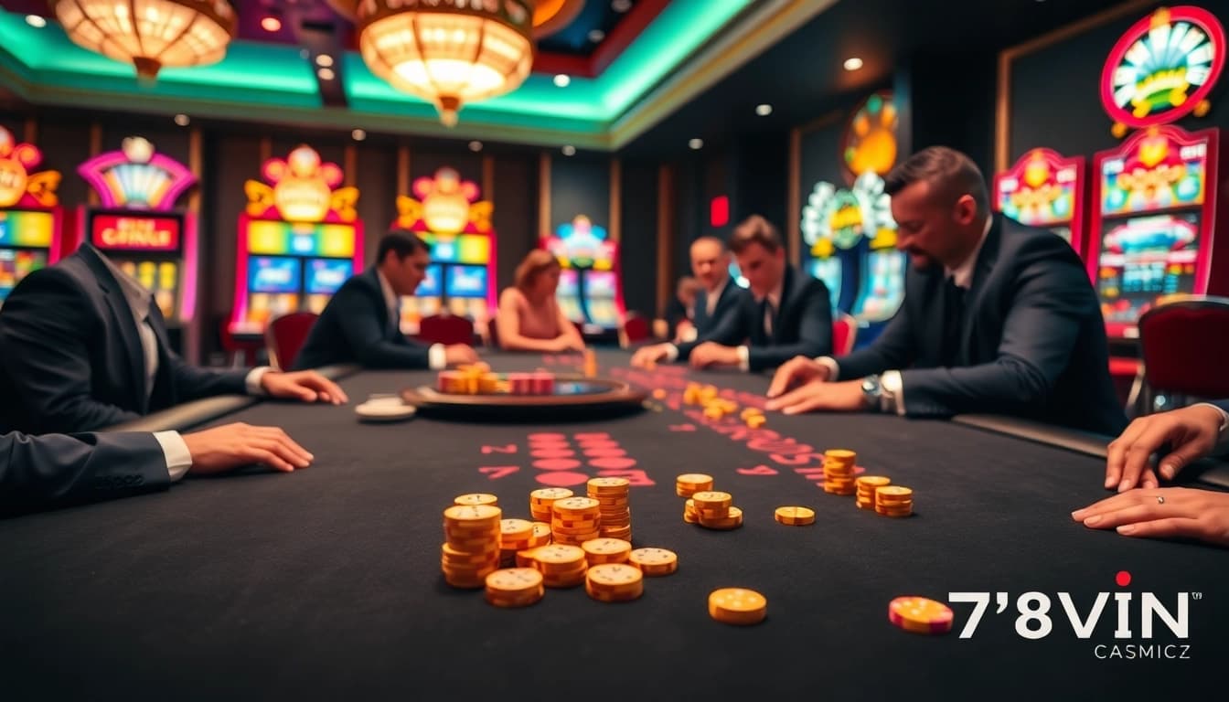 78WIN players enjoying exciting casino games with bright slot machines and poker tables.