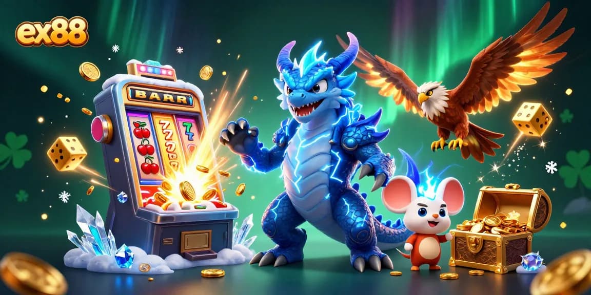 Experience the thrill of ex88 with a vibrant casino scene featuring dynamic characters and jackpot excitement.