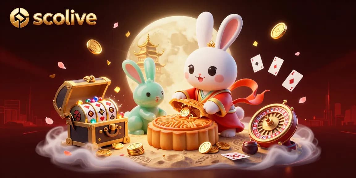 Socolive features a vibrant 3D illustration of a moon rabbit revealing poker chips while surrounded by vibrant casino elements.