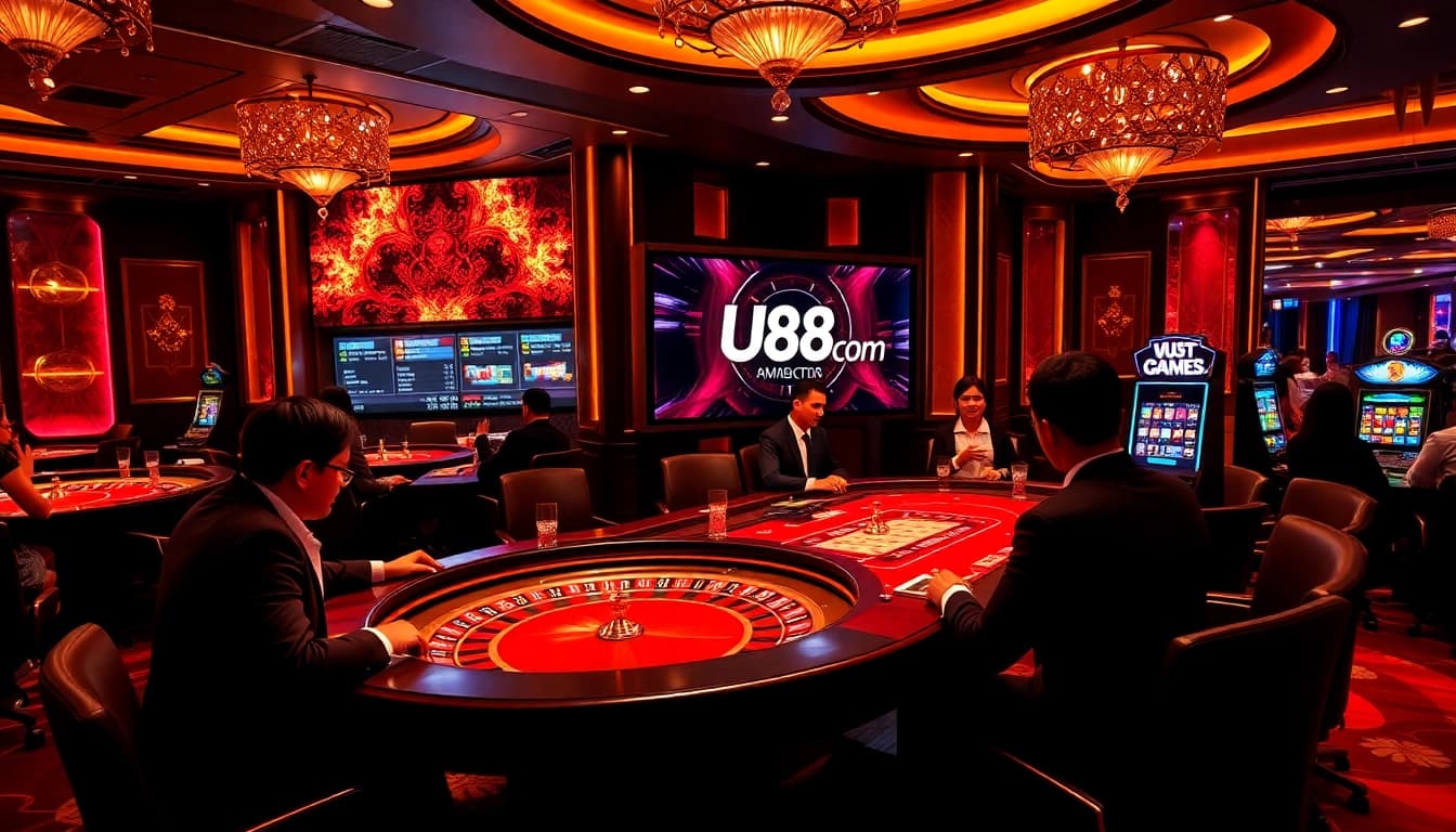 Players enjoying an exciting game at uu88 com casino, surrounded by vibrant slots and casino atmosphere.
