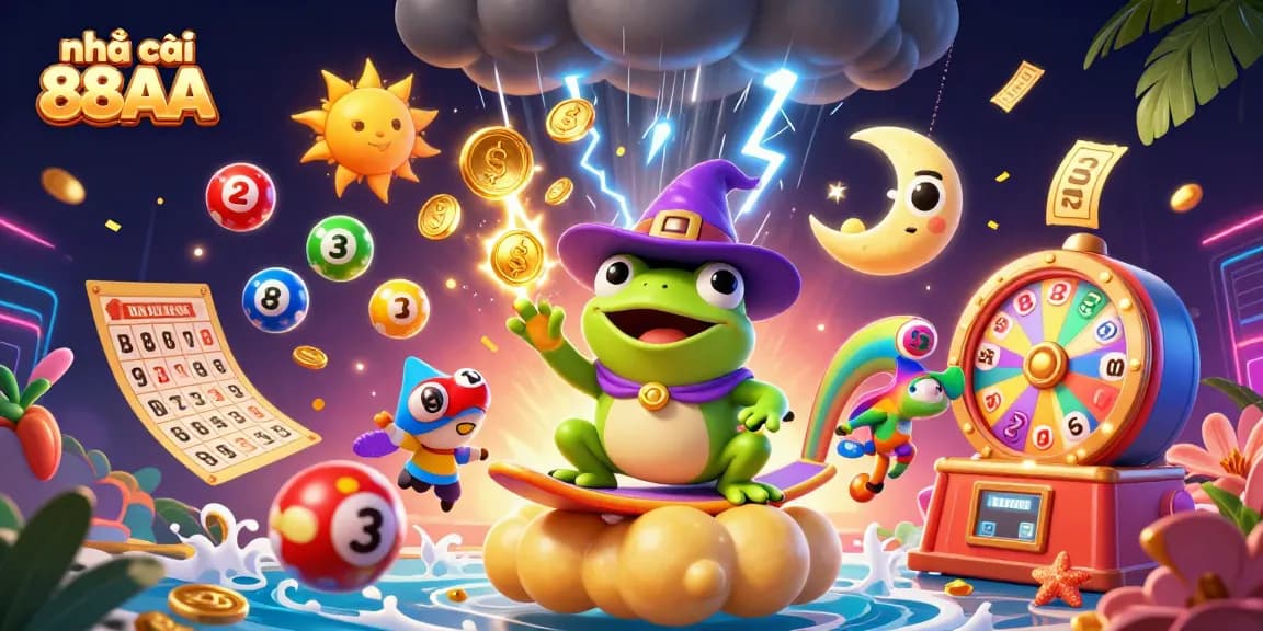 Experience the magic of nhà cái 88AA as the wizard frog conjures golden coin storms, surrounded by vibrant gambling elements.