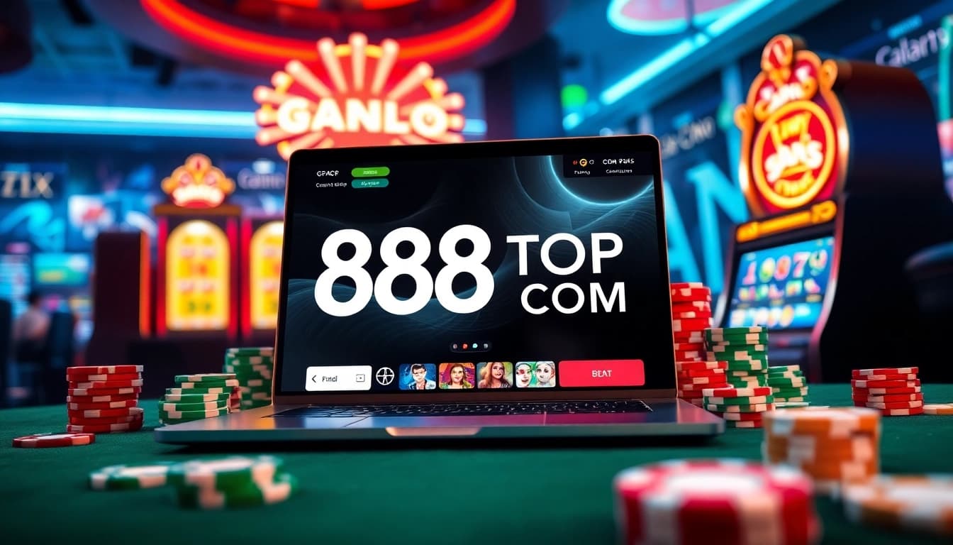 Experience the thrill of online gambling with 888TOP COM, featuring vibrant gaming graphics and engaging casino elements.