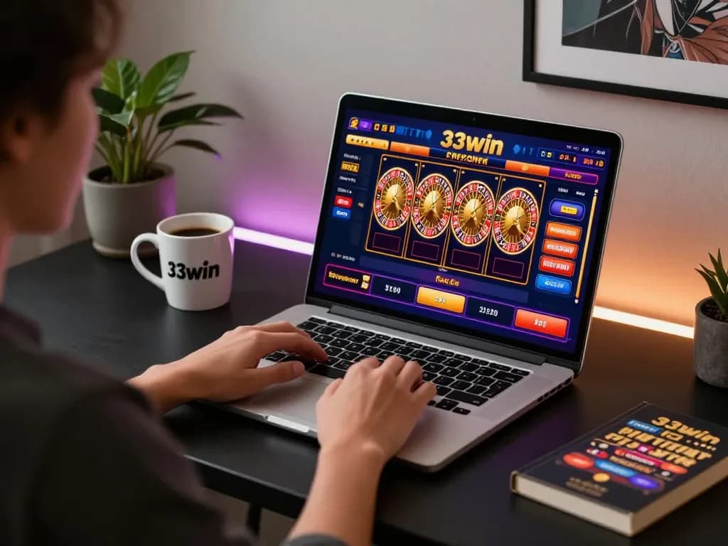 Engaging with 33win online casino games on a sleek laptop, showcasing vibrant interface and gaming atmosphere.