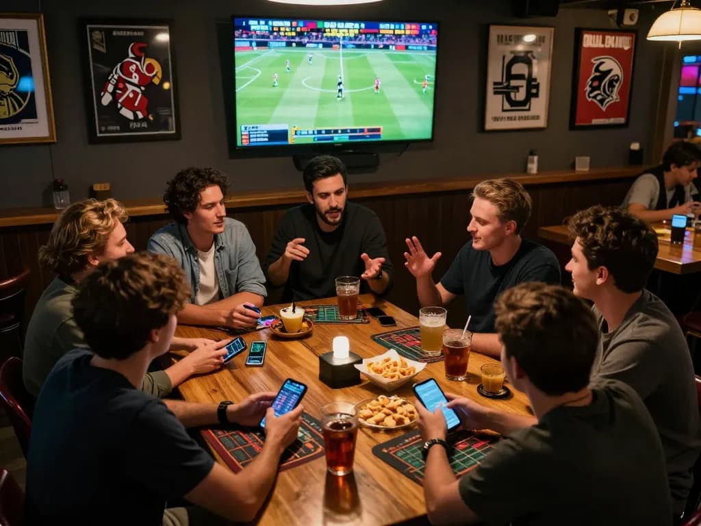 Enthusiastic friends enjoy keo nha cai at a lively sports betting session, screens glowing and drinks on the table