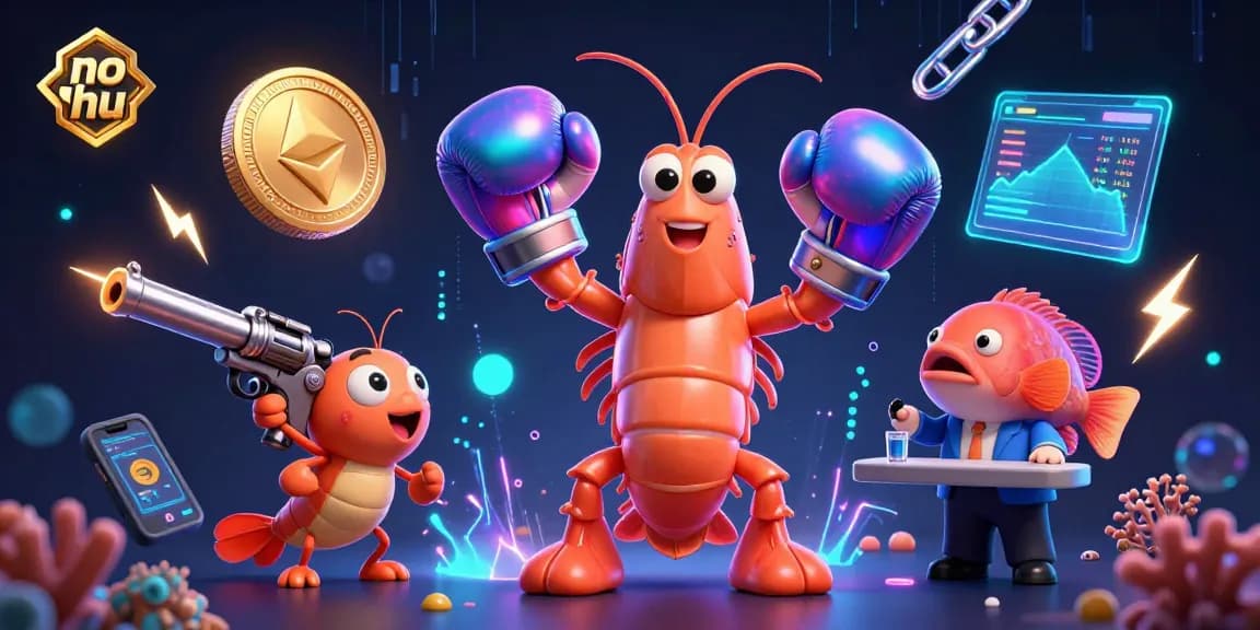 Engage in exciting no hu gaming with vibrant characters and glowing crypto elements in this casino-themed illustration.