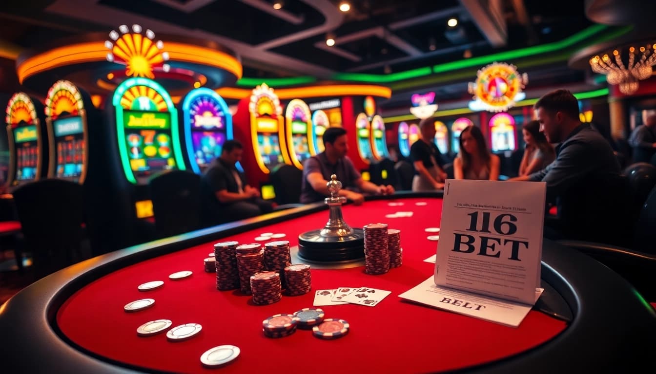 High-stakes poker players engaging at a table featuring the keyword 16 BET among colorful slots.