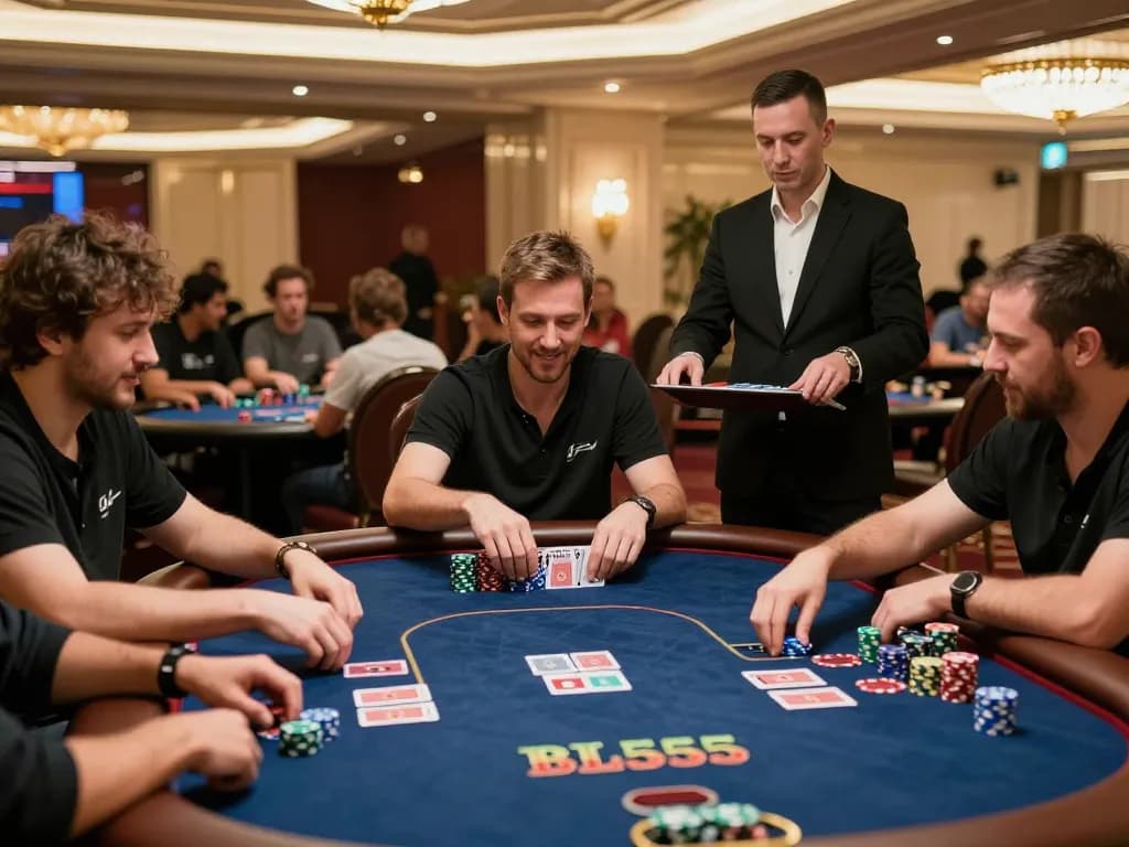 Experience the excitement of poker gameplay at nhà cái BL555 with players engaged in high-stakes action.