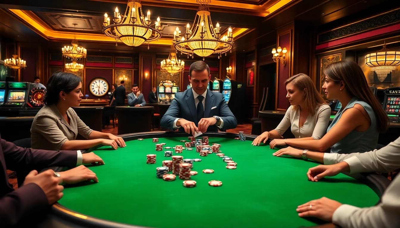 Excited players engaging in kqbd poker game at a luxurious casino table with colorful chips.