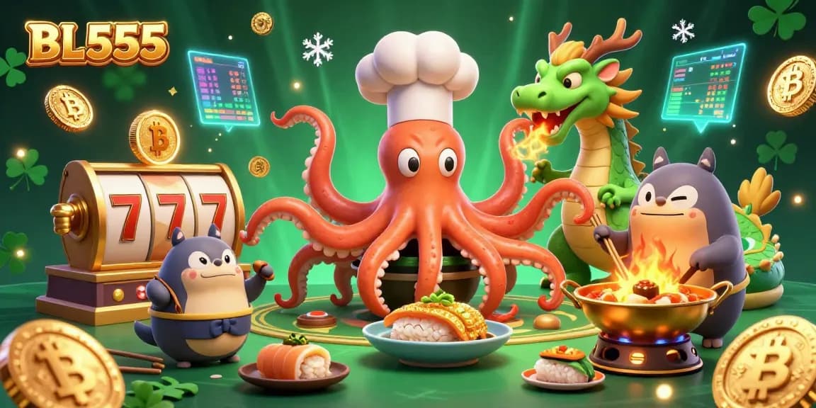 Engage in exciting gaming opportunities at BL555 with vibrant gambling elements and characters.