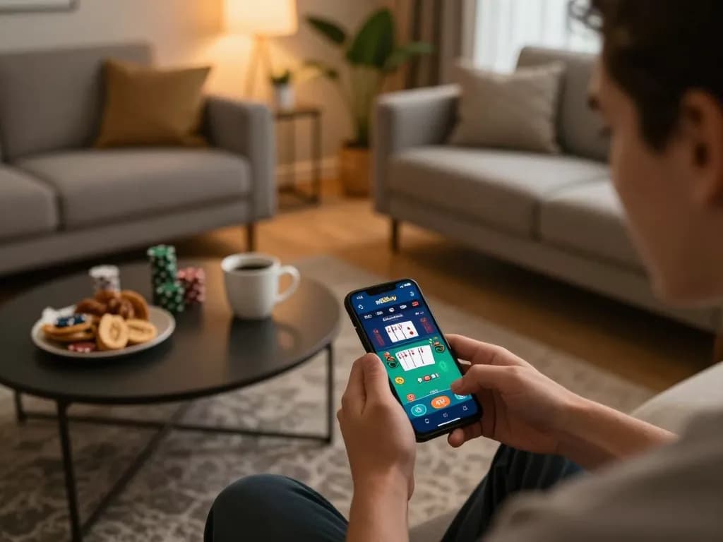 Player interacting with nk88vip online gaming app in a cozy living room setting