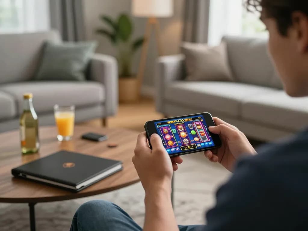 Engaging online gaming experience at HIT CLUB with vibrant slots on smartphone in a cozy home setting.