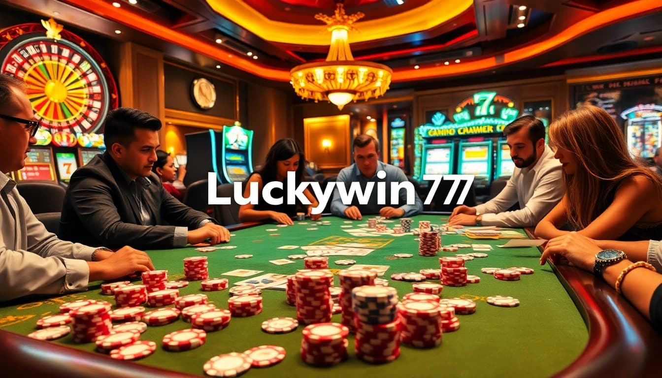 Thrilling poker game at Luckywin 77, featuring colorful chips and enthusiastic players at a vibrant casino table.