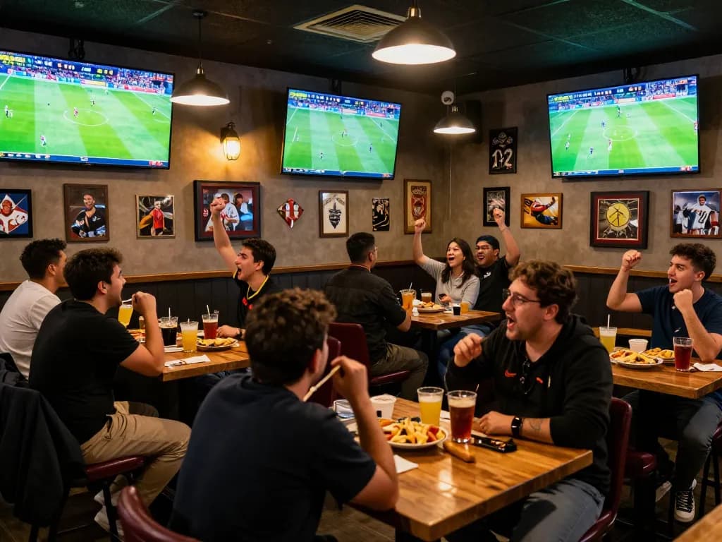 Track live soccer scores on multiple screens for kết quả bóng đá updates in a lively sports bar atmosphere