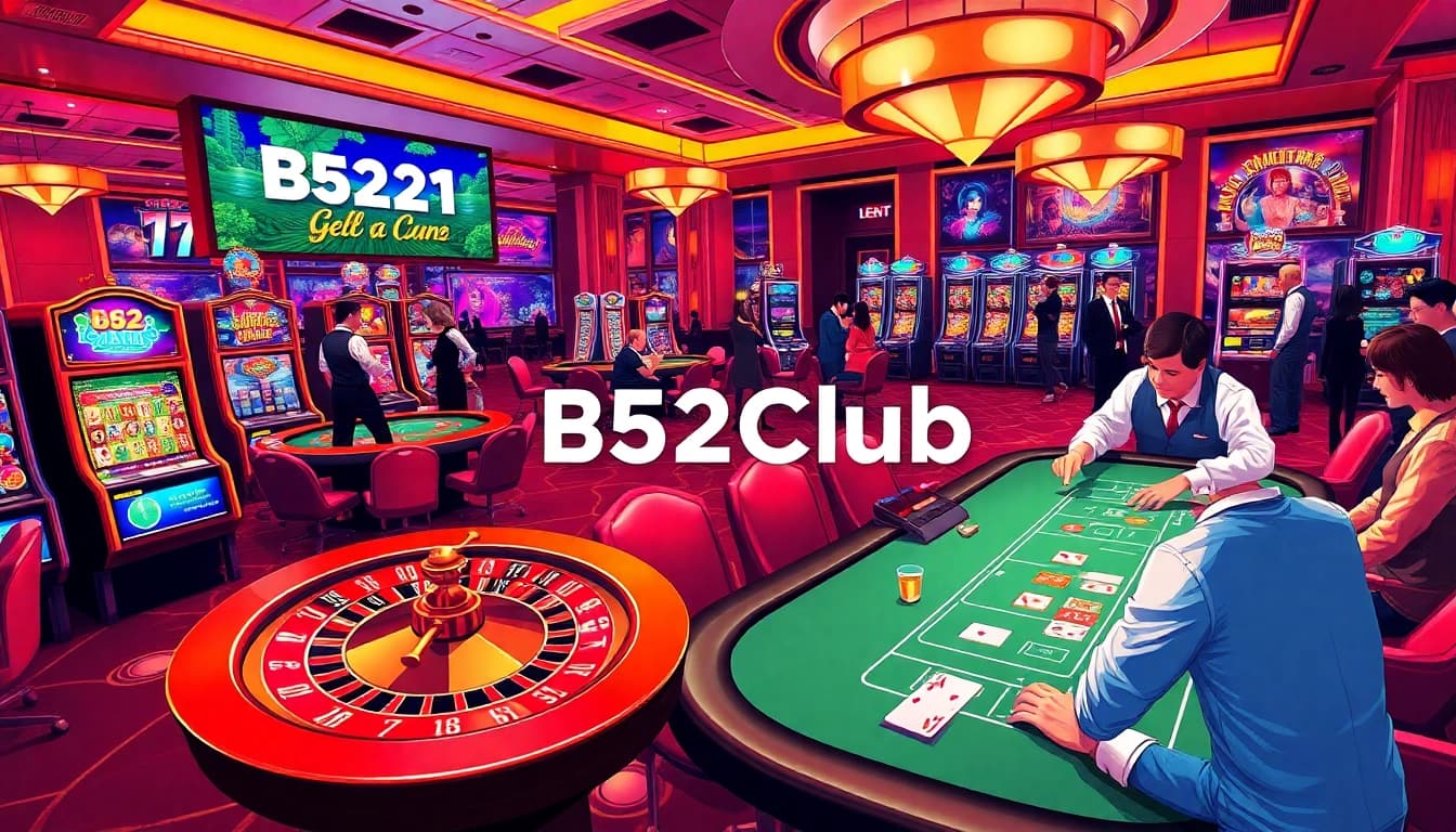 B52Club players engaging in thrilling casino games at colorful tables and vibrant slots.