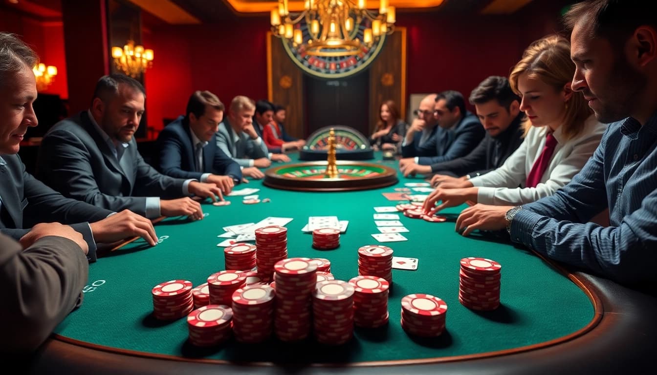 Players engaging in an intense poker game at XX88 Casino, surrounded by vibrant chips and cards.