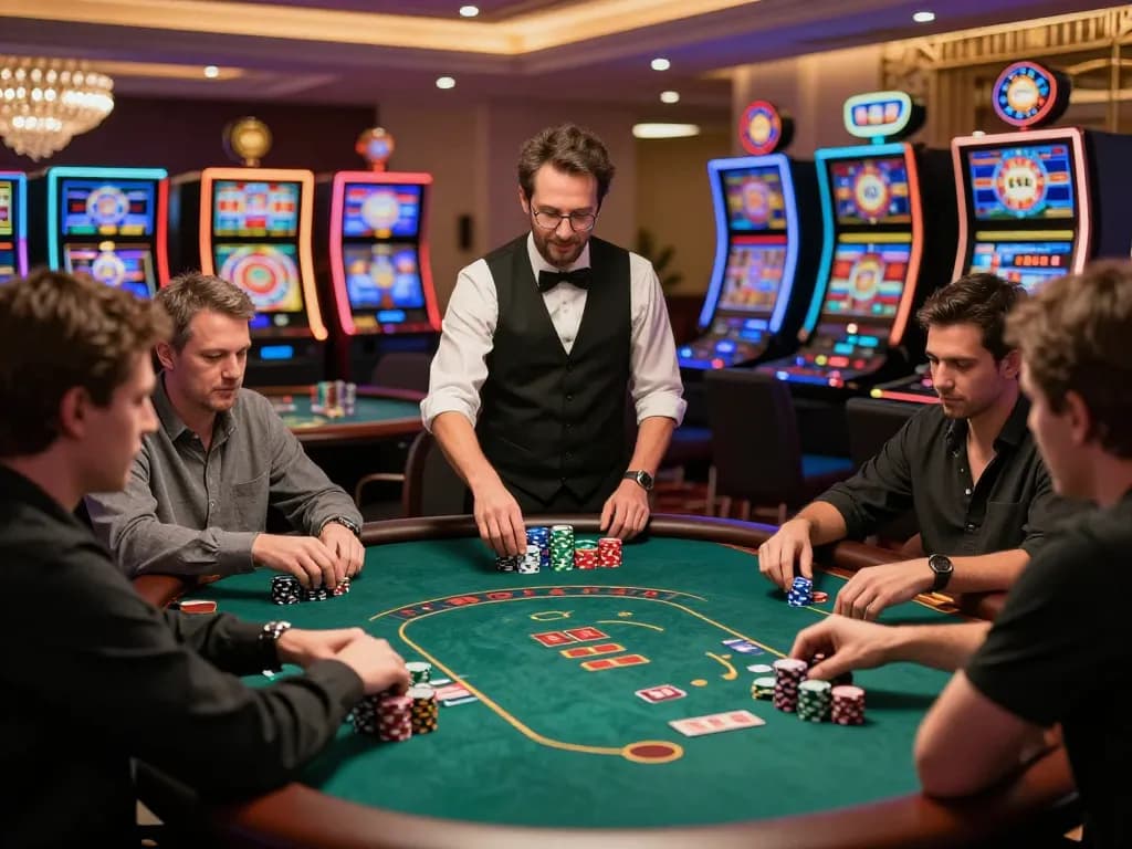 Players engaged in a high-stakes poker game at lv88 casino, highlighting dynamic gameplay and vibrant casino atmosphere.