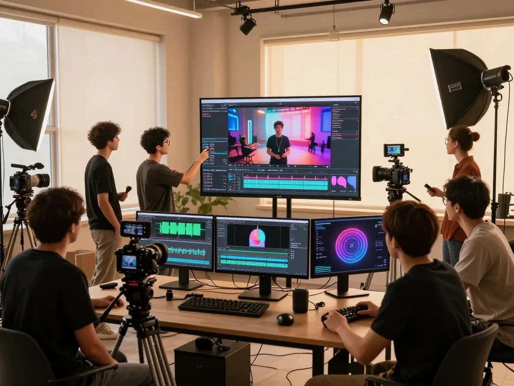 Seedance 2.0 empowering creators in a vibrant video production studio environment, showcasing collaborative filmmaking and advanced technology.